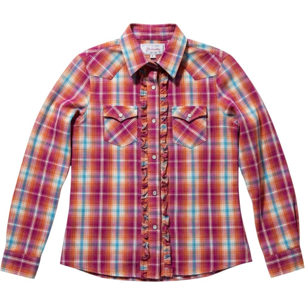 Panhandle Girls Pink Plaid Ruffle Western Snap Shirt Kids Large L Cowgirl Rodeo